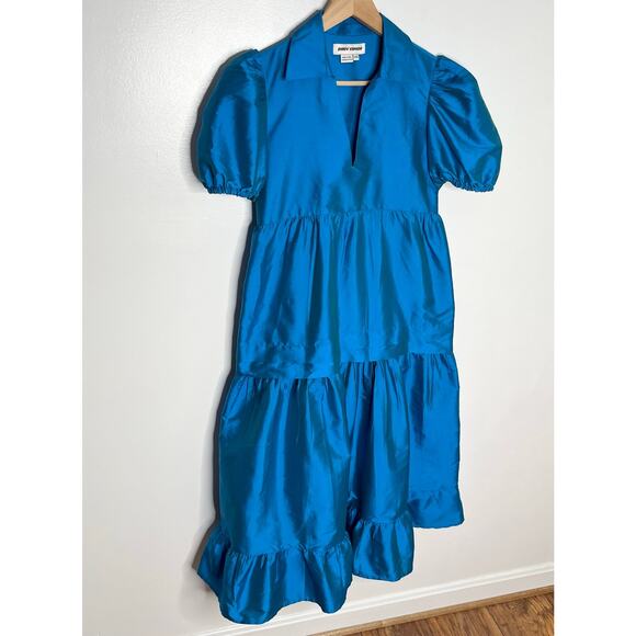 Dhruv Kapoor Puff Sleeve Midi Dress XXS Blue Metallic Tiered Pockets Cocktail - Picture 5 of 14